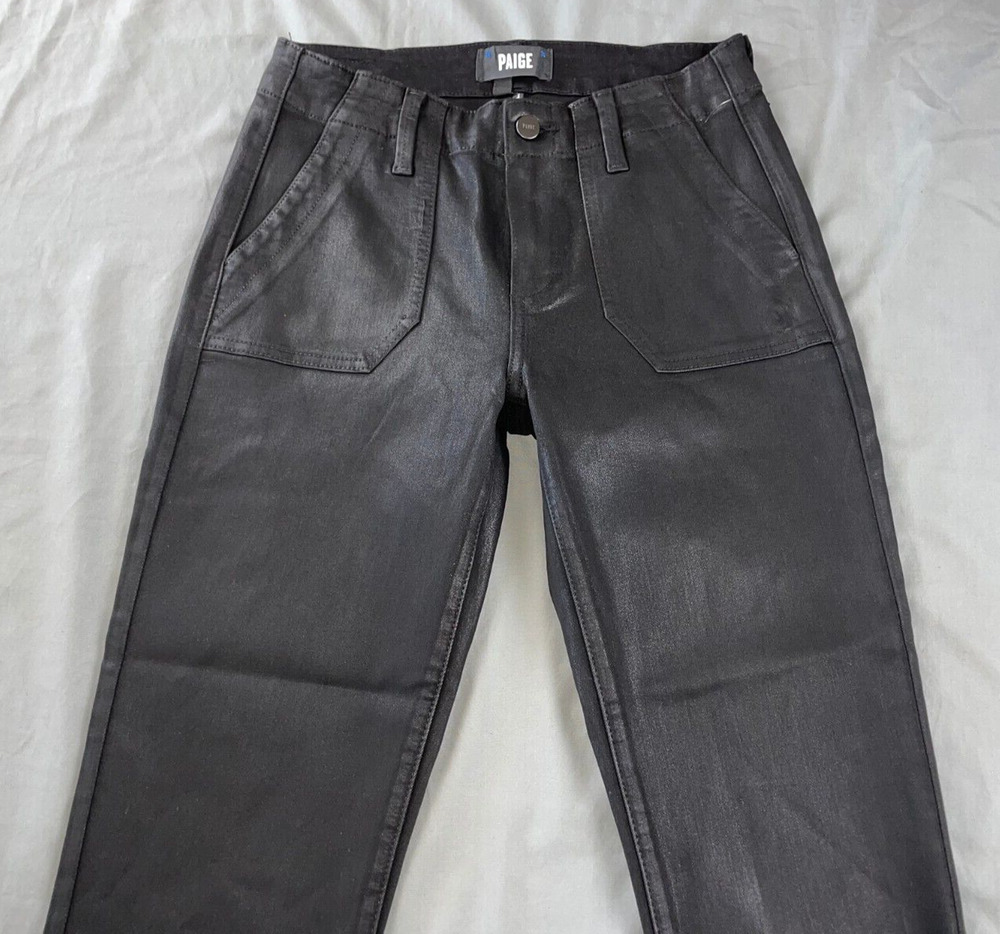 Paige Mayslie Straight Leg Ankle Moto Jeans in Black Fog Luxe Coating. 25, NWOT